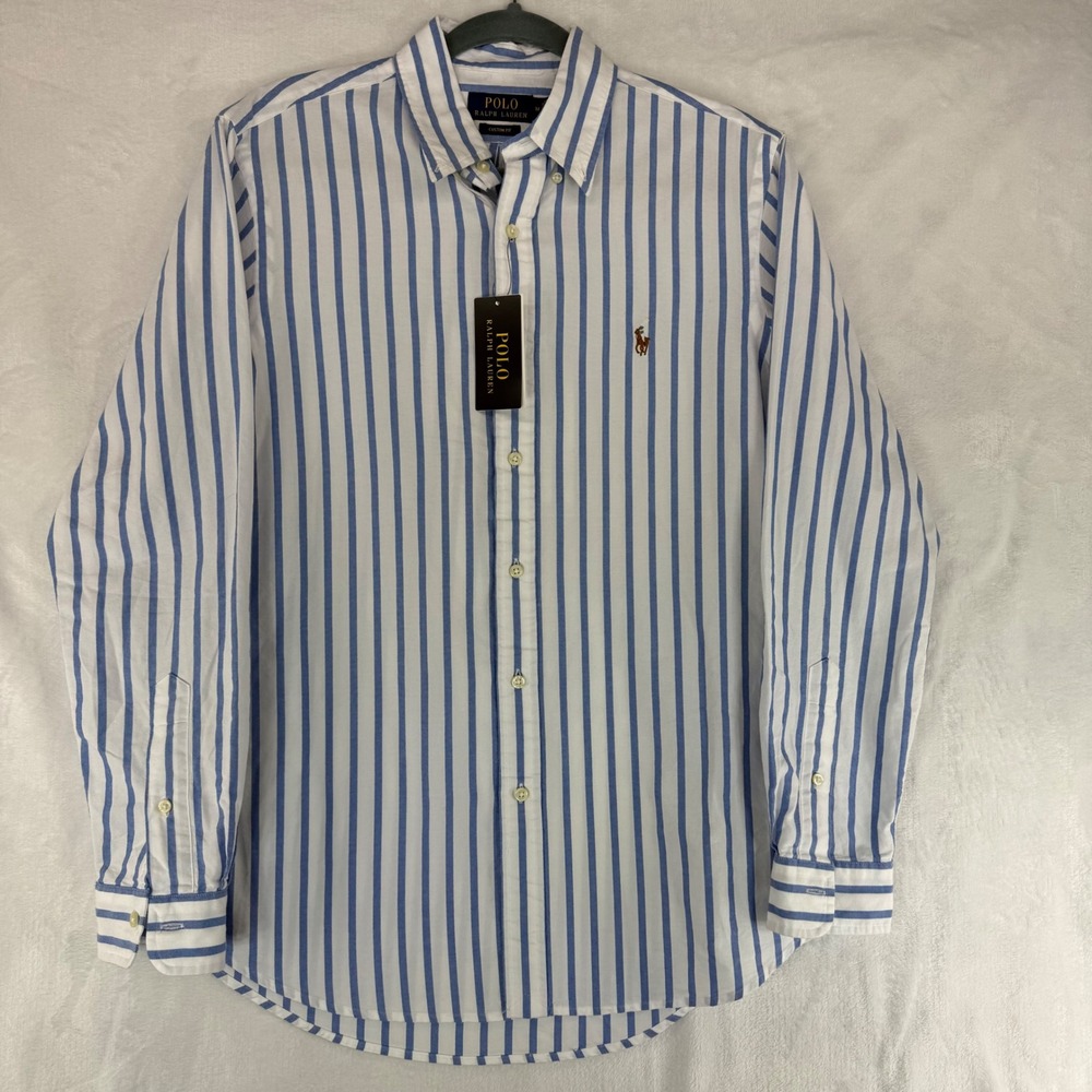 Polo Ralph Lauren Mens Custom Fit Striped Cotton Oxford Shirt Blue White M NWT